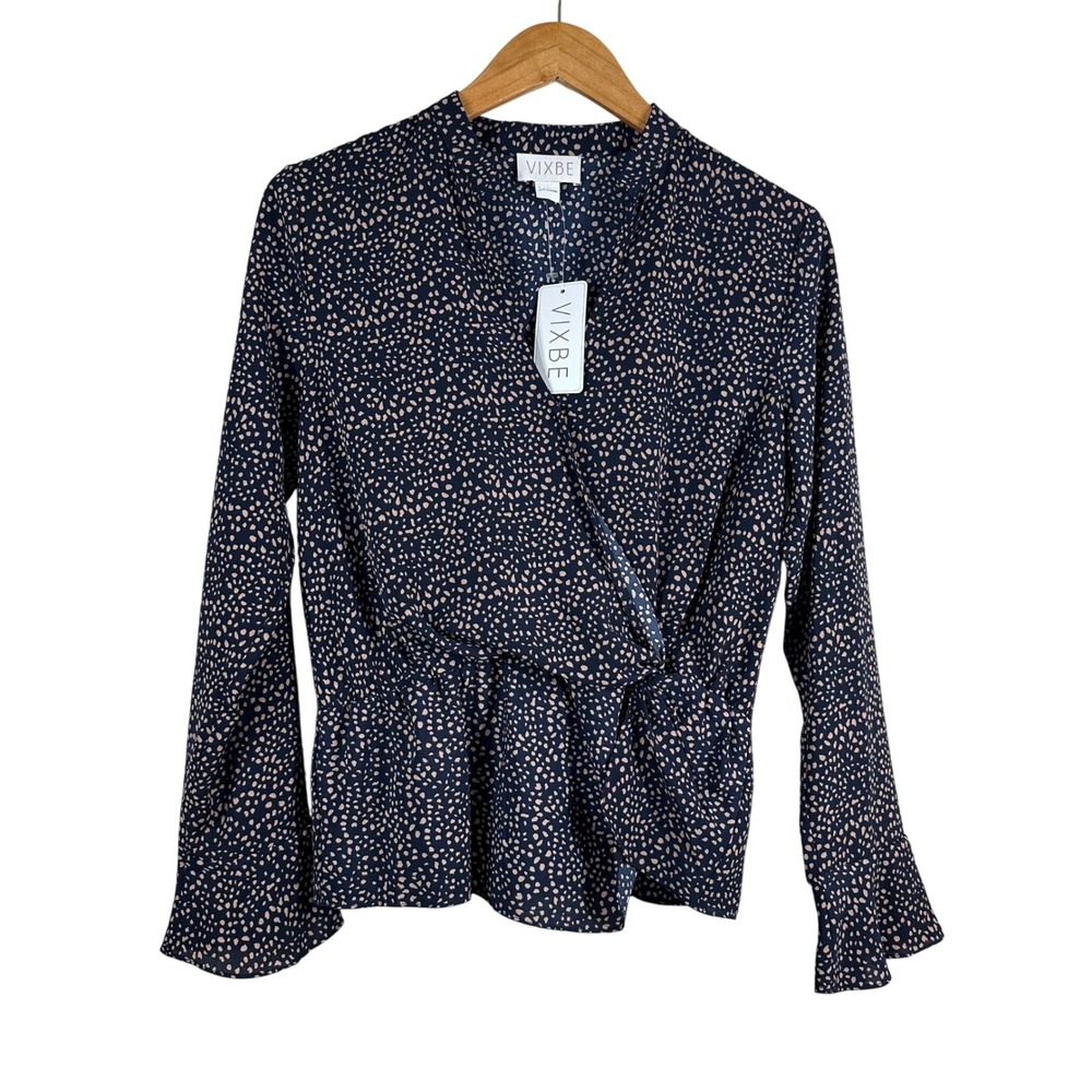 VIXBE Women's Blouse Navy Blue Polka Dot Faux Wrap V Neck Long‎ Sleeves Size S